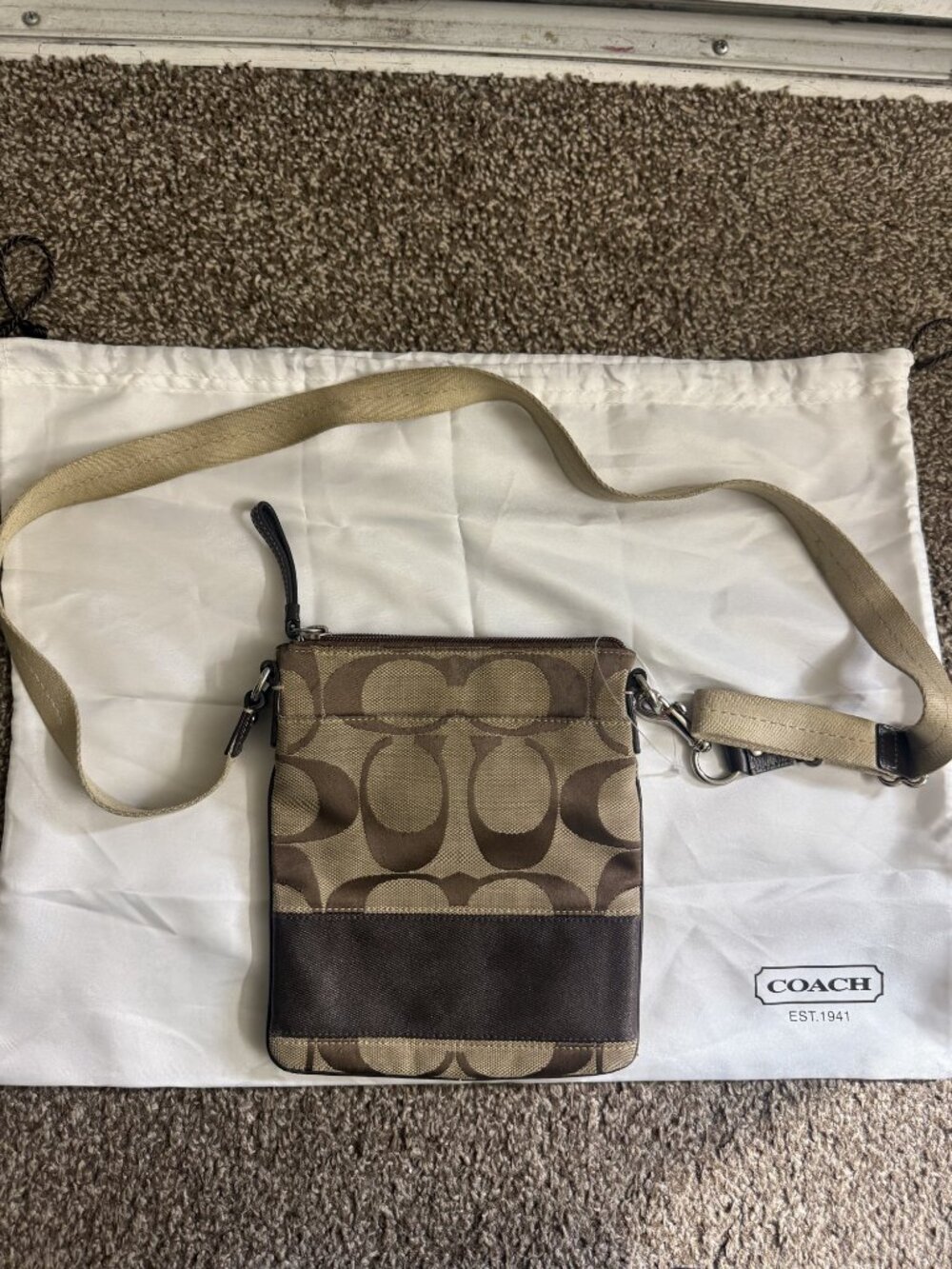 Coach Signature Stripe Swingpack F45797 Khaki Mahogany Crossbody Bag
